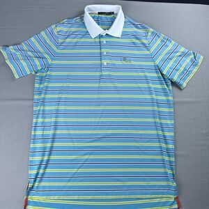 RLX Ralph Lauren Golf Polo Shirt Mens L Blue Striped Statue of Liberty Logo